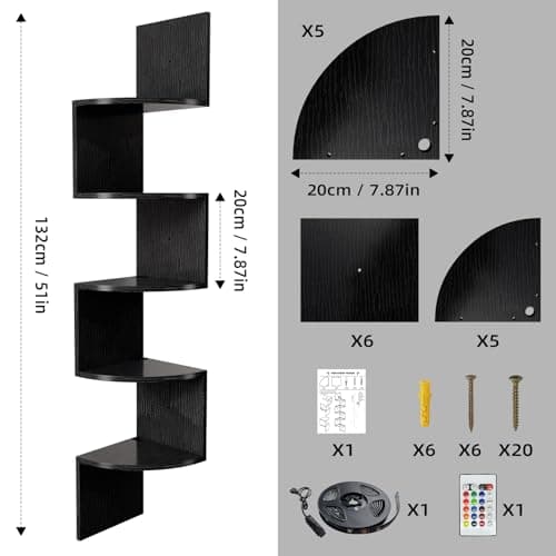 HAAYOT Corner Shelf Wall Mounted: 5-Tier Floating Shelves with Lights for Living Room, Bedroom, Home Office, Black - Thumbnail 2