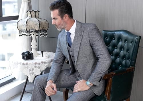 Mens Tweed Herringbone Wedding Suit Prom Tuxedos 3 Piece Peak Lapel Dress(Light Brown,XXL) - Thumbnail 6