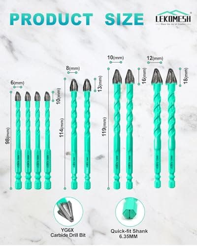 LEKOMESH 10PCS Carbide Masonry Drill Bit Set, 1/4"–1/2", 4-Cross 9-Edge Tip for No Walking & Precise Drilling, Hex Shank Multi-Material Bits for Tile, Ceramic, Brick, Concrete, Glass, Wood - Thumbnail 2