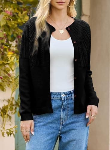Dokotoo Black Cardigan Sweaters for Women Lightweight 2026 Fall Outfits Fashion Women's Open Front Long Sleeve Crewneck Crochet Knit Fashion Trendy Womens Cardigans Winter Sweaters - Thumbnail 2