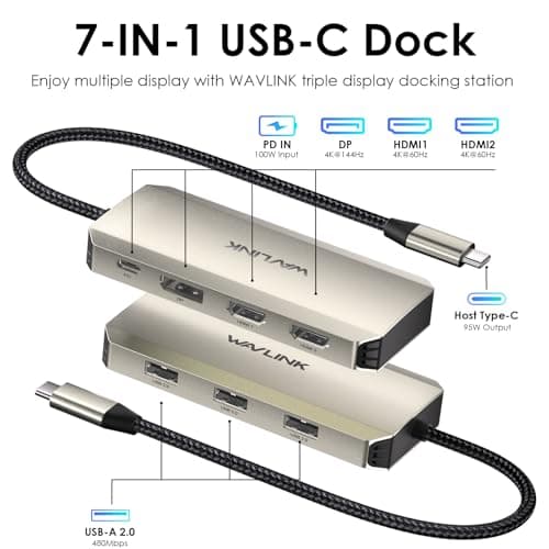 Laptop Docking Station, WAVLINK Triple 4K Docking Station with Dual HDMI, DP, 100W PD in, 3 USB-A2.0 for Wireless Device, Compatible with Dell/HP/Lenovo etc, Windows Systerm Computer Only - Thumbnail 2