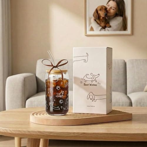 Dachshund Gift for Women, Funny Wiener Dog Gifts Glass Cup with Lid & Straw Coffee & Smoothie Tumbler for Weenie Lovers Dog Owners Pet Moms Wife teens Friend Sister for Mother’s Day Birthday - Thumbnail 3