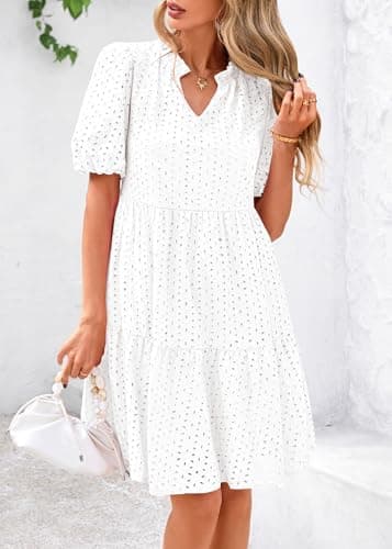 KIRUNDO Eyelet Summer Dresses for Women 2026 Mini Casual Hollow Out Short Sleeve Lace Tiered V Neck Shift Dress Pockets(White, Large) - Thumbnail 5