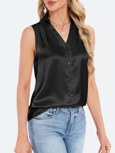Funlingo Black Silk Tank Tops for Women Dressy Casual Sleeveless Shirts Satin V Neck Camisole Blouses Business Casual Basic Work Outfits S - Thumbnail 4