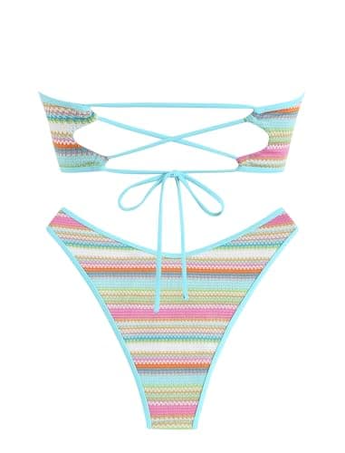 ZAFUL Women's Bandeau Bikini Sets Crochet Boho Stripe Bathing Suit for Women Bandeau Swim Top for Summer Party (Stripe Sky Blue XS) - Thumbnail 5