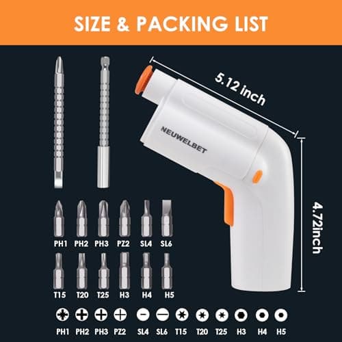 NEUWELBET Electric Screwdriver 3.6V, USB Long-lasting Powerful Electric Screwdriver Set, Cordless Drill with LED Light, 14 PCS Driver Bit(White) - Thumbnail 2