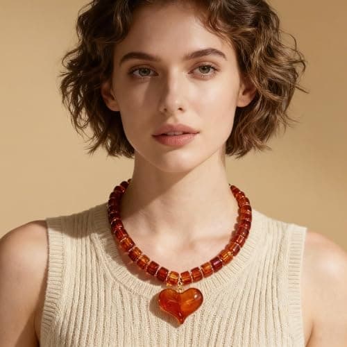 SHANTYSON Amber Chunky Heart Penadnt Necklace for Women Exaggerated Statement Puff Heart Necklaces Acrylic Beaded Chain Jewelry Gift - Thumbnail 4
