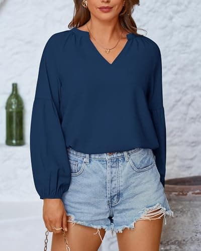 BTFBM Blouses for Women Dressy Casual Floral Summer Boho Tops V Neck Lightweight Long Sleeve Shirts Spring Clothes 2026(Blue, X-Large) - Thumbnail 4