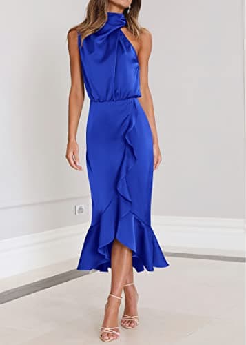 KIRUNDO Women 2026 Spring Summer Satin Mock Neck Wedding Guest Party Cocktail Midi Dress Sleeveless Wrap Ruffle Formal Dress(Brilliant Blue, X-Large) - Thumbnail 3