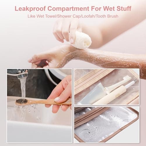 Everfun Hanging Toiletry Bag for Travel, 11x7.75x4.5 inch Medium Capacity Cosmetic Organizer with Leakproof Wet/Dry Compartment, Waterproof Dopp Kit Toiletries Bag for Women Pink - Thumbnail 4