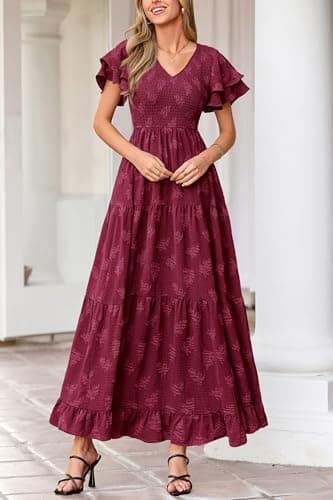 dowerme Maxi Dresses for Women 2026 Summer Ruffle Sleeve V Neck Smocked A Line Floral Boho Tiered Sundress Spring Outfit(Burgundy,Medium) - Thumbnail 3