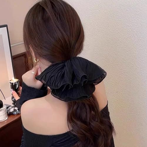 Jseng 2PCS Extra Large Scrunchies for Hair, Korea Lace Hair Ties, Beige and Black - Thumbnail 5