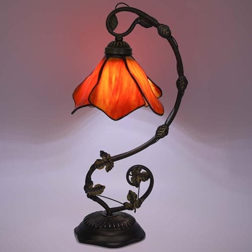 FILIUTF Stained Glass Table Lamp, Orange-Red Flower Style Metal Leaf Base Desk Reading Light, Adjustable 3 Color Temperature Decor for Bedroom Home Office - Thumbnail 2