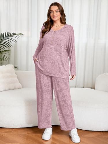 AusLook Plus Size 2 Piece Sets for Women Loose Wide Leg Pant Long Sleeve Top Matching Sets Pink 1X Tracksuit Loungewear 2025 Vacation Travel Airport Outfits Going Out Comfy Track Suits - Thumbnail 5