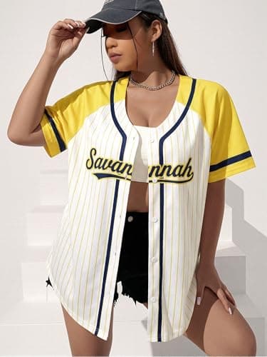 Baseball Jersey for Women Baseball Player Shirt Game Day Fan Striped Baseball Player Button Down Short Sleeve Tops Yellow-White - Thumbnail 2