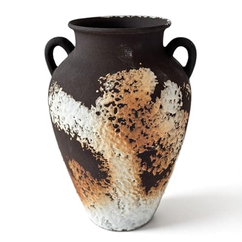 10 Inch Rustic Terracotta Vase - Matte Black and Brown Ceramic Vase with 2 Handles, Hand-Sculpted Clay Texture, Modern Farmhouse Home Decor for Table, Living Room & Office - Image 1