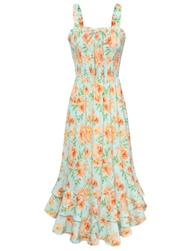 GRACE KARIN Women's 2026 Summer Floral Boho Dress Square Neck Strapped Swing A Line Sundress Beach Long Maxi Outfits Yellow Floral 2XL - Image 1