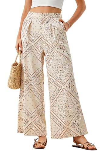 Ystguic Women's Button Down Wide Leg Palazzo Lounge Pants Rayon Boho Casual Vintage Bandana Paisley Print Vocation Beach Trousers with Pockets Medium YG001-P Beige Brown Bandana Paisley M - Image 1