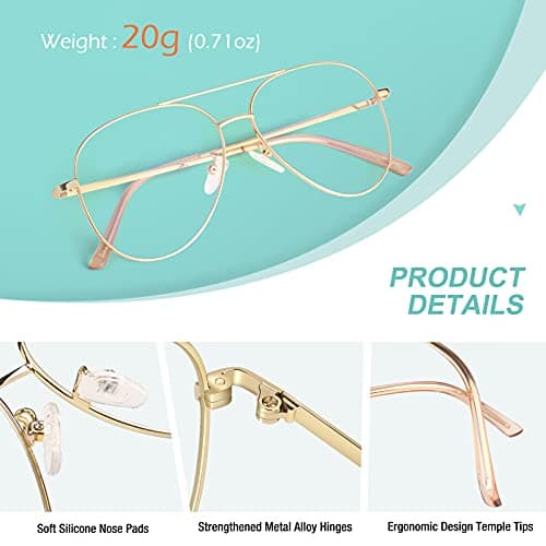 GQUEEN Fake Glasses Women Men Clear Lens Metal Frame UV400 Protection Fashion Retro Pilot Style Eyeglasses - Thumbnail 3