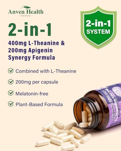 Anven Health 400mg L-Theanine with 200mg Apigenin Supplement for Sleep-Natural Relaxation & Stress Relief - Gluten Free,Non-GMO, Zero Fillers - Made in USA | 60 Veggie Capsules - Thumbnail 4