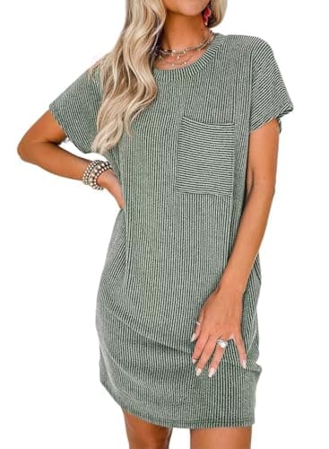 Acelitt Womens Casual Summer Crewneck Short Sleeve Ribbed Mini Tshirt Dress 5 Green Small - Image 1