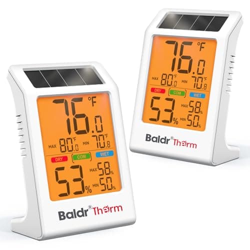 BALDR 2-Pack Indoor Thermometer Humidity Meter, Digital Hygrometer with Backlight, Solar Powered Room Temperature Monitor with Backup Battery, Max Min Records & Comfort Indicator