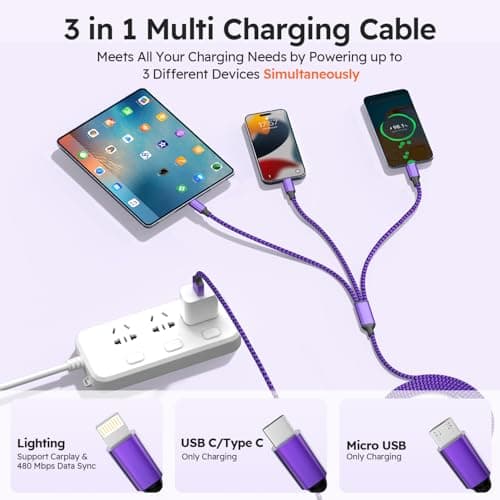 USB A + USB C Multi Charging Cable, 3 in 1 Chargers for Multiple Devices, Universal Charger with Multiple Connectors —Type C, IP, Micro USB Cable for iPhone17/16/15/14, iPad, Galaxy, Kindle(2Pack 4FT) - Thumbnail 3