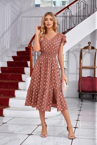 GRACE KARIN 2026 Womens Summer Dresses V Neck Ruffle Sleeve Floral Boho Beach A-Line Dress Light Brick Red-Gold Dots Small - Thumbnail 2