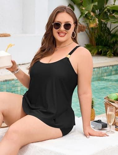 ZAFUL Plus Size Flowy Tankini Swimsuits for Women Two Piece Bathing Suit Ruffle Tankini Top with High Waisted Swim Shorts Black 2XL - Thumbnail 5