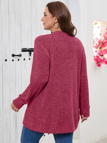 AusLook Plus Size Women Long Sleeve Cardigan 1X Jujube Red Open Front Button Down Lightweight Casual Sweater Cover Ups Shrugs Shawls and Wraps Kimono Jacket Coat with Pockets - Thumbnail 2