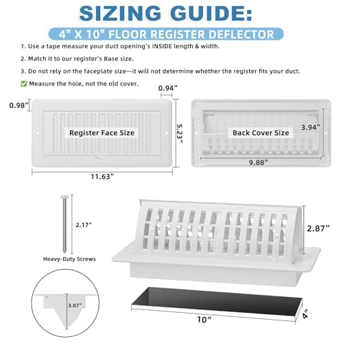 Floor Vent Covers with Vent Deflector, Adjustable Floor Register 4x10, Air Vent Deflector Includes Mounting Screws for Floor Wall & Ceiling for Easy Install, 2 in 1 Floor Vents, White, 2 Pack - Thumbnail 4