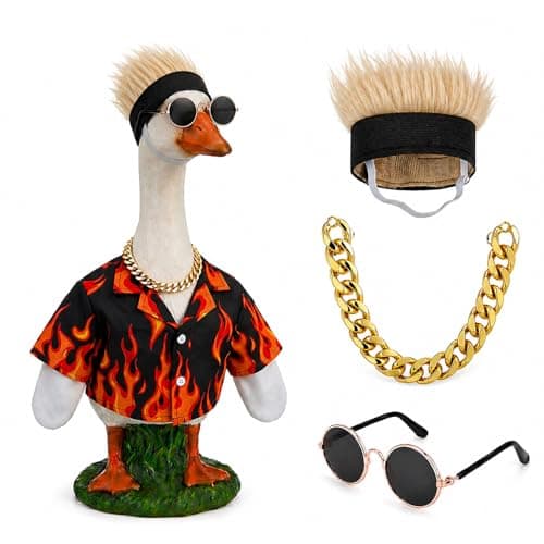ZAVENIXA Goose Clothes Outfit Set for Garden Goose Statue, Funny Lawn Geese Decor with Flame Shirt, Big Gold Chain, Sunglasses & Blonde Wig, Cool Streetwear for 23" Plastic Goose, Yard Ornaments - Image 1