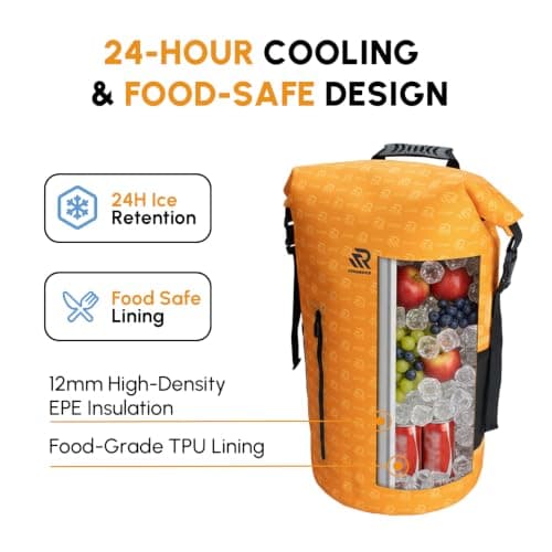 RIVONOVA Roll Top Closure Cooler Backpack for Kayaking Beach Paddle Boarding Watersports, Premium 24 Hours Insulated Leak Proof Zipperless Soft Cooler for Fishing, Gift for Father, 35L Orange - Thumbnail 2