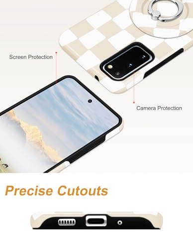 Aitipy Magnetic Checkered Phone Case for Samsung Galaxy S23 Ultra, Compatible with Magsafe, with Cute Checkerboard Stand Ring Holder Aesthetic Protective Phone Cover for Women Girls - Beige - Thumbnail 6
