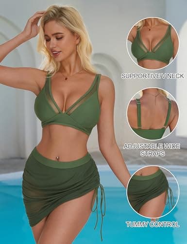 SUUKSESS Womens Swim Skirt High Waisted Bikini Sets Modest Mesh Curvy wimsuits Sexy V Neck Sarong Wraps Bathing Suits(Army Green,XL) - Thumbnail 4