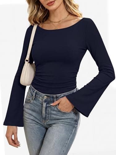 ANRABESS Women Bell Long Sleeve Shirts Boat Neck Top Navy Blue X-Large - Thumbnail 3