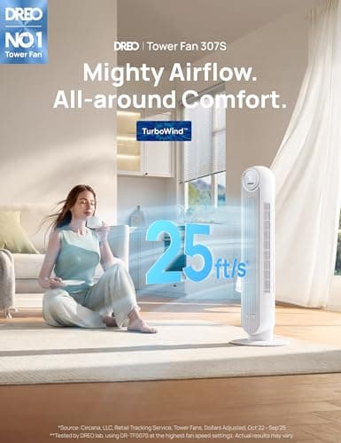 DREO Tower Fan for Bedroom, 25ft/s Smart Standing Fans, 90° Oscillating Floor Fan with 4 Modes, 4 Speeds, 8H Timer, 28dB, Bladeless, Remote, Works with WiFi Voice Control - Thumbnail 2