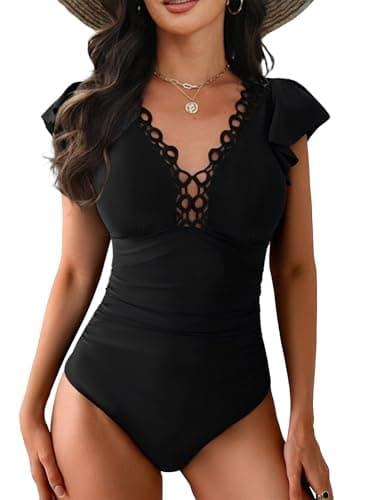 CiCiBird Women One Piece Swimsuit Lace Crochet V Neck Bathing Suit Tummy Control Ruffle Swimwear Black M - Image 1