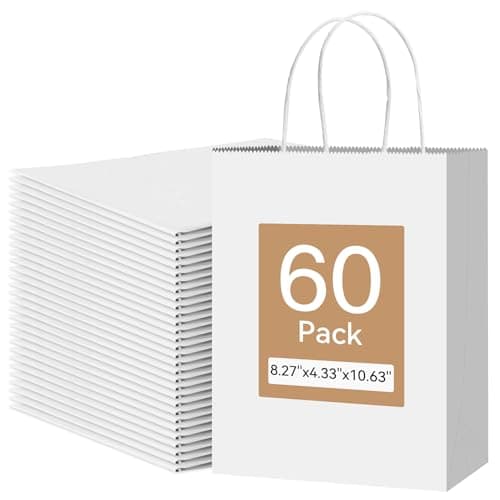 Qioxiou 60 Pack White Gift Bags 8.27x4.33x10.63 Medium Kraft Paper Gift Bags with Handles Bulk, White Paper Sacks for Wedding Birthday Party Favor, Retail, Merchandise, Grocery, Shopping, Business