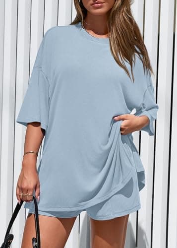 KIRUNDO 2 Piece Sets for Women Summer Lounge Sets Casual Oversized Tshirts Shorts Matching Airport Travel Outfits Postpartum(Light Blue, Medium) - Thumbnail 3