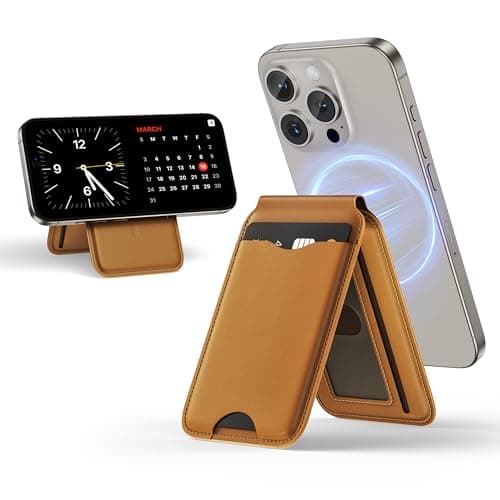 LULULOOK Magnetic Wallet Stand for iPhone, 2-in-1 Full Grain Leather Phone Wallet 3 Cards Holder w/Adjustable Stand, Fits iPhone 16/15/14/13/12 and Mag-Safe Compatible Cases, Not for Mini Models, Tan - Image 1