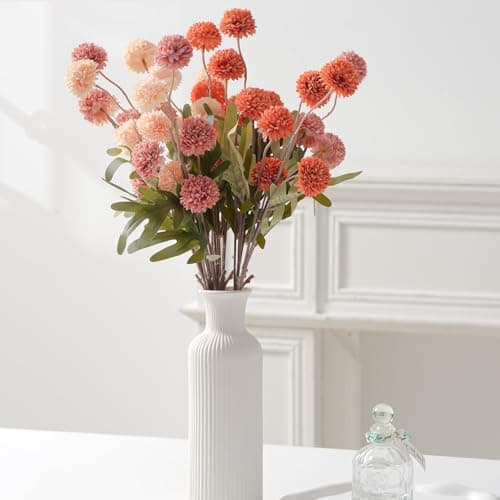 trytuny Fake Fall Flowers for Vase, Faux Silk Kiku Mums, Artificial Pom pom Floral Bouquets Indoor Centerpiece Office Coffee Table Boho Home Decorations (9, Mixed Orange) - Thumbnail 6