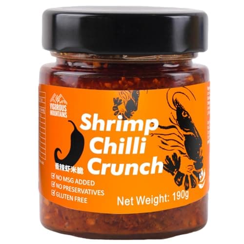 VIGOROUS MOUNTAINS Shrimp Chili Crisp - 11% Real Shrimp, Crunchy Shrimp Paste for Cooking, No MSG Gluten Free, High Protein Seafood Condiment for Pasta, Salads, Rice, Risotto, Pizza - 6.7 oz (190g)