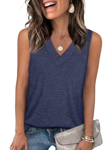 YESTTO Tank Tops for Women Summer V Neck T Shirts Sleeveless Tops Casual Loose Fit Basic Tees Women Blouses 2026 Fashion Navyblue - Image 1