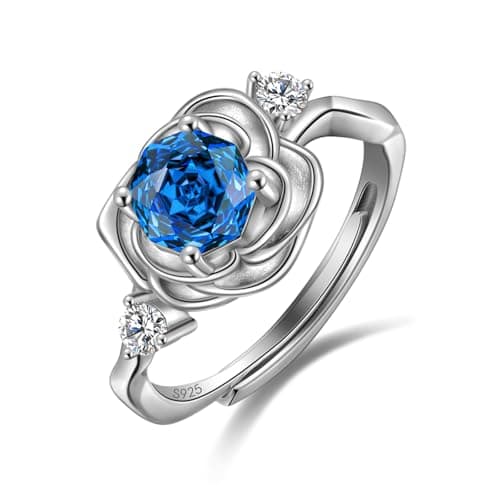 Rose Birthstone Ring - 925 Sterling Silver Rose Cut Cubic Zirconia September Sapphire 3D Flower Adjustable Ring Anniversary Engagement Promise Ring Birthday Jewelry Gift for Wife Mom Daughter DR0166S