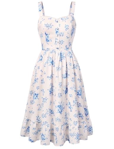 Belle Poque Floral Dress for Women Summer Wedding Guest Dresses 2026 Tea Party Dress Flowy Sundress with Pockets (Blue,M) - Image 1