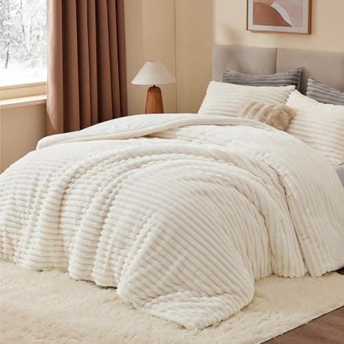BEDELITE Fleece Full Comforter Set -Super Soft & Warm Fluffy Cream White Bedding, Luxury Fuzzy Heavy Bed Set for Winter with 2 Pillow Cases - Thumbnail 2