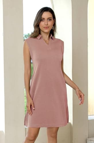 BEXIBOOM Women's Summer 2026 Casual Polo V Neck Collared Cap Sleeve T Shirt Loose Fit Knee Length Dresses with Pockets Red Gray-L - Thumbnail 6