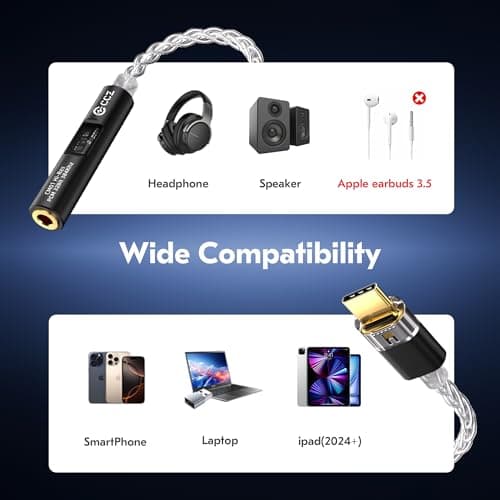 2026 Latest USB C DAC Audio Adapter with Headphone Amplifier, USB C to 3.5mm Audio Adapter for Wired Headphones, Hi-Res Type C DAC Compatible with iPhone 15, Android, Laptop & Tablet (DAC black) - Thumbnail 6
