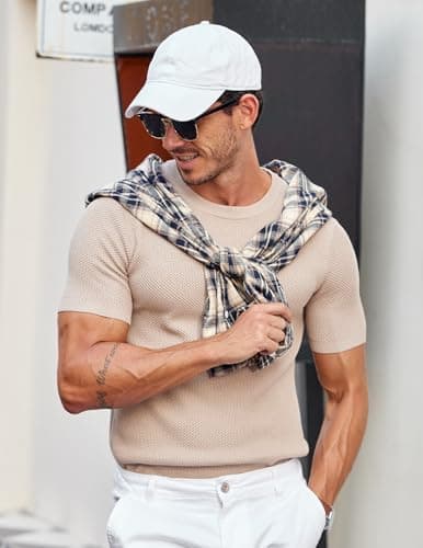 COOFANDY Mens Knit T Shirts Crewneck Dress Shirts Short Sleeve Under T Shirt Summer Resort Wear Khaki - Thumbnail 5